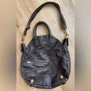 Rough Roses dark brown leather handbag shoulder bag purse round design